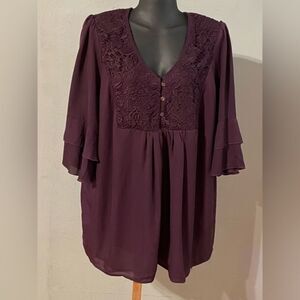Roaman’s 16W Juliet Big Shirt burgundy 3/4 sleeve button up lace lined shirt top